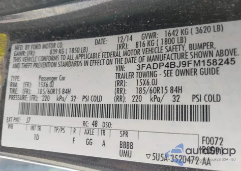 2015 Ford Fiesta Se из США, поврежденный, VIN 3FADP4BJ9FM158245